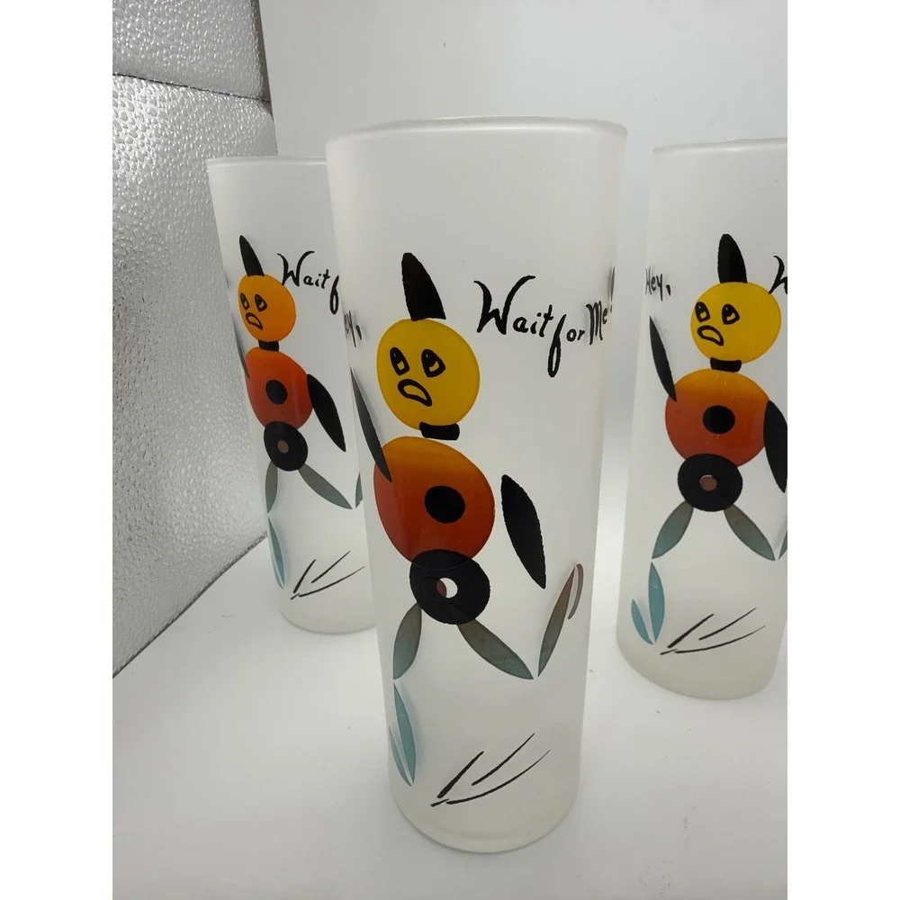 Vintage Frosted Glass Tumblers Hey Wait for Me Mid Century Modern Set of 5